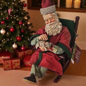 Vintage Clothique Santa Claus Figurine -in rocking chair petting a cat box & tag